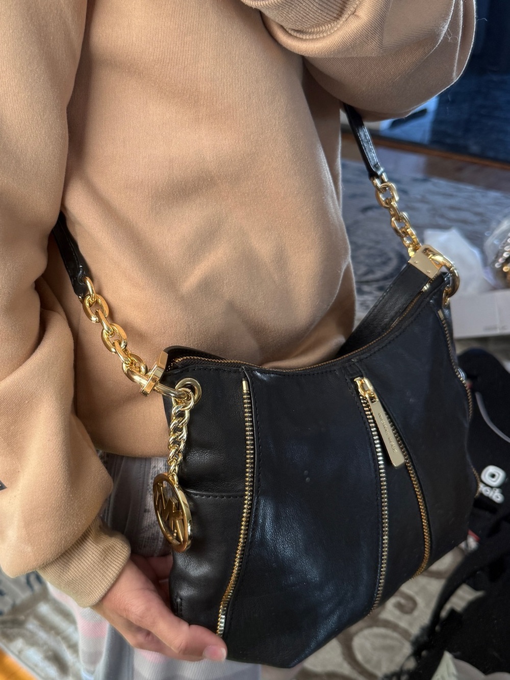 Michael Kors Black Leather Shoulder Bag with Gold Chain Accents